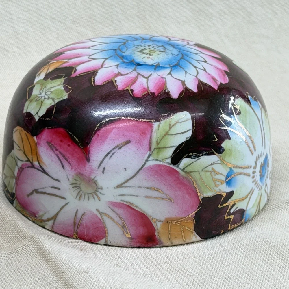 Vintage Floral Ginger Jar Oxblood Ceramic Lidded Vase Grandmillennial Decor